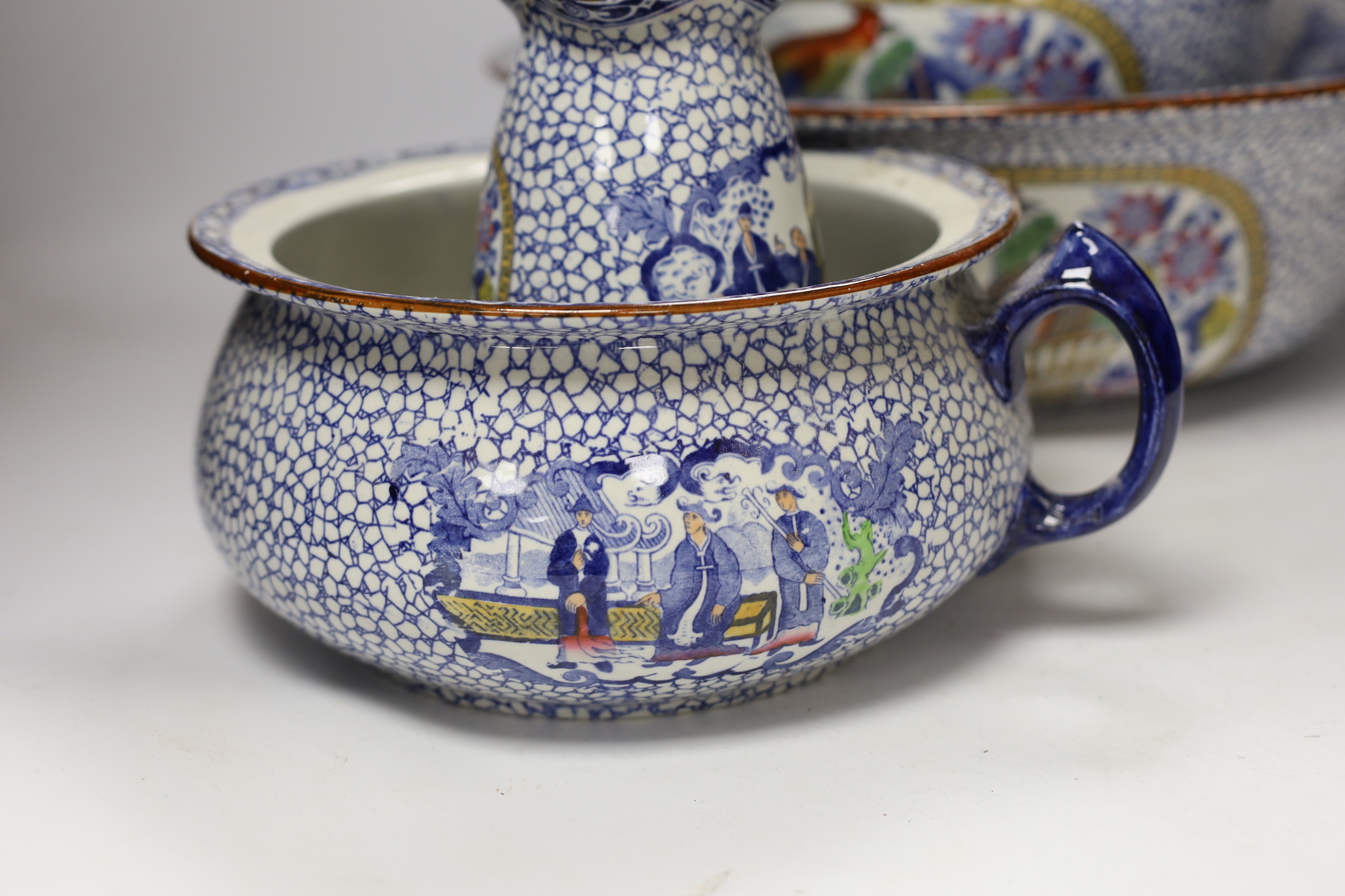 A Victorian blue and white chamber pot, a vase, a bowl, a pot and a jug and basin, jug 27cm (5)